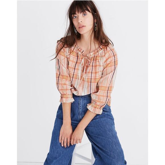 Madewell Tops - MADEWELL Plaid Tie Neck Ruffle Top Womens XXS Cream Orange 3/4 Sleeve Blouse